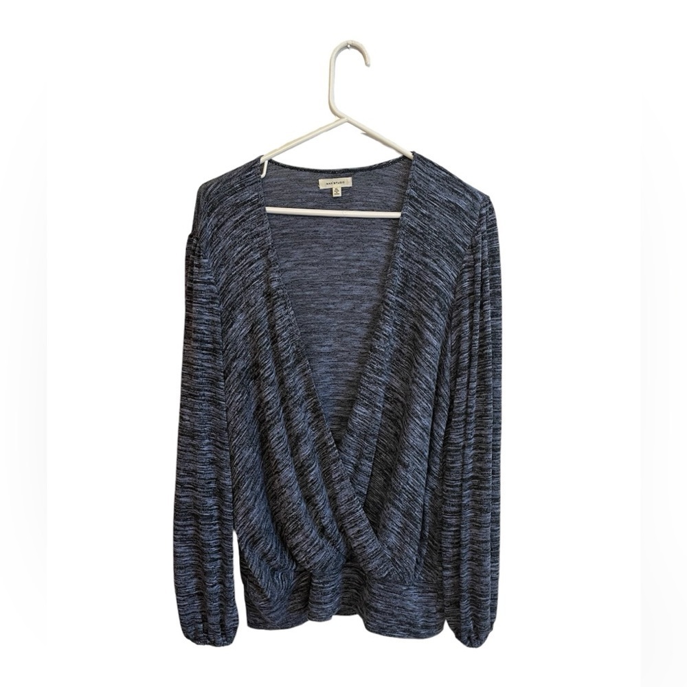Max Studio Blue and Black Marled Faux Wrap Sweater Size XL